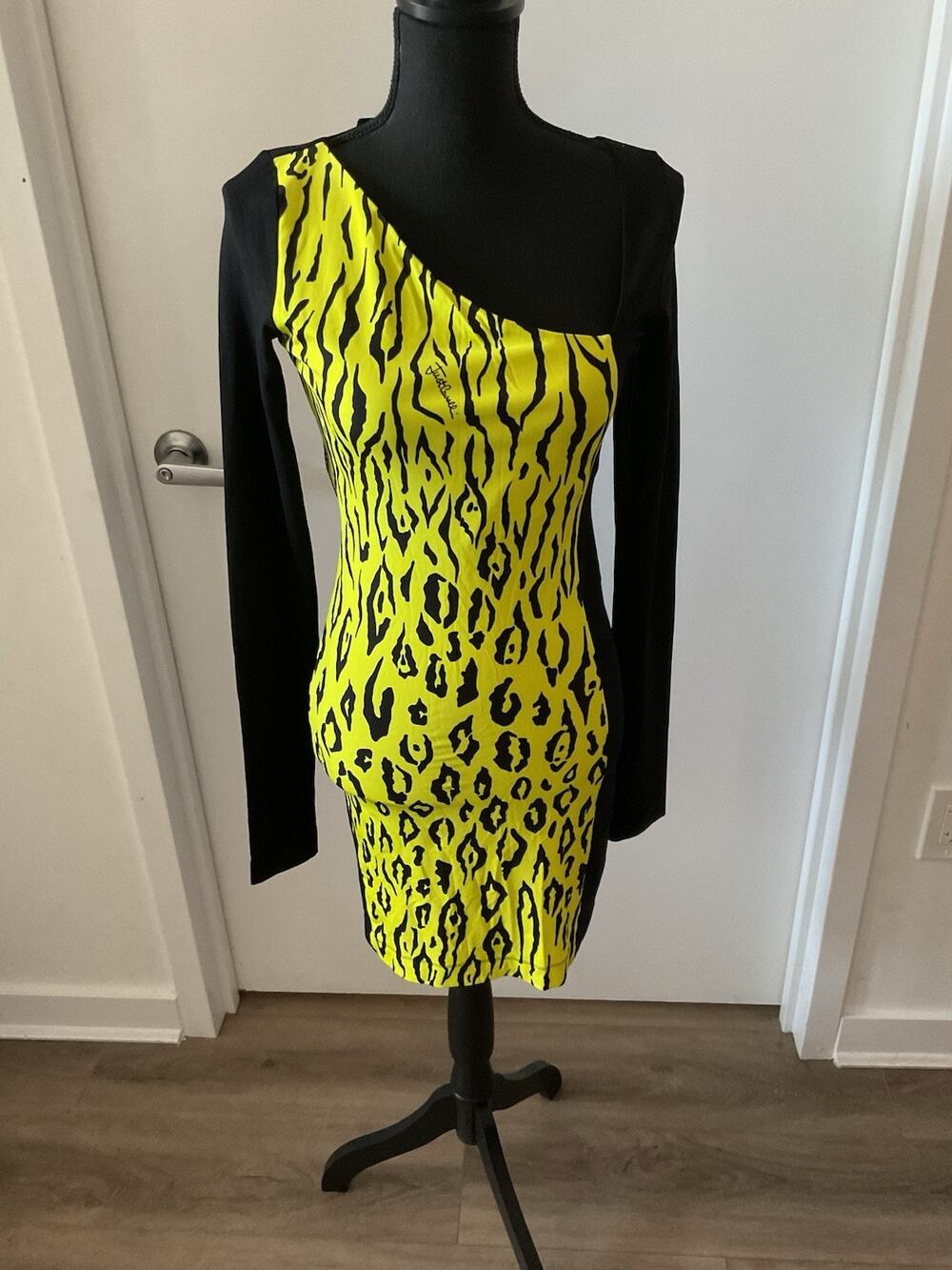 Just Cavalli Neon Yellow Animal Print One Shoulder Asymmetric Mini Dress